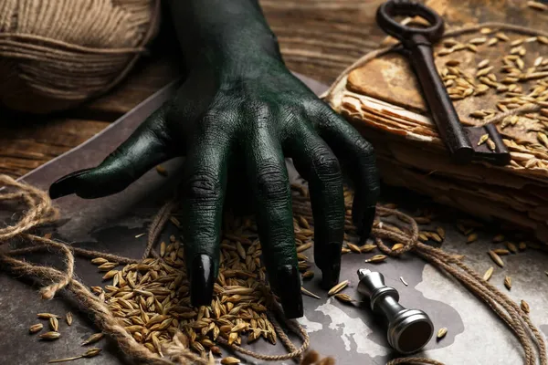 Halloween Mão Bruxa Verde Realizando Ritual — Fotografia de Stock