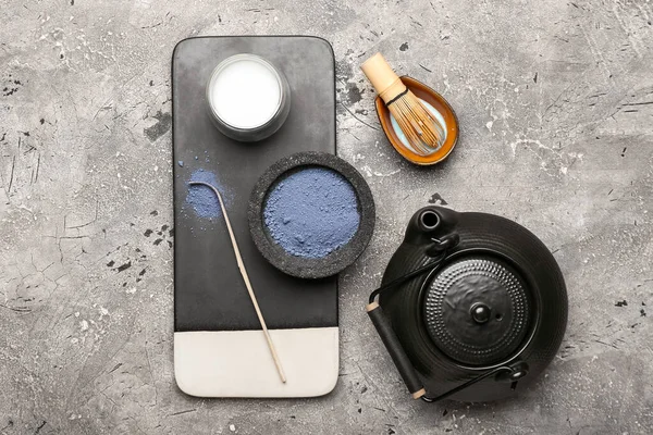 Composition Powdered Blue Matcha Tea Milk Teapot Grunge Background — Stock Photo, Image