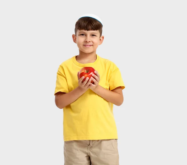 Liten Pojke Med Äpple Vit Bakgrund Rosh Hashanah Judisk Nyårsfirande — Stockfoto