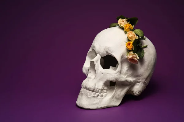 Calavera Humana Con Flores Sobre Fondo Color —  Fotos de Stock