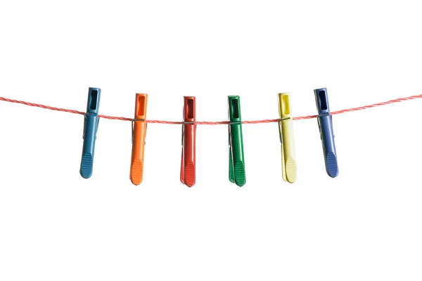 Colorful Clothespins Hanging Rope White Background — Stock Photo, Image
