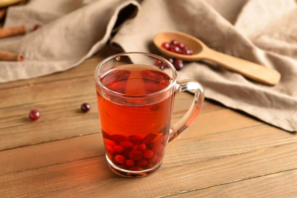 Glass Cup Hot Cranberry Tea Wooden Table — Stock Photo, Image