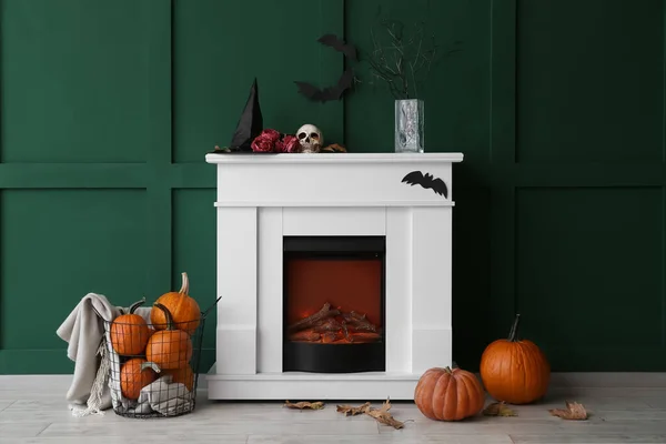 Fireplace Decorated Halloween Party Color Wall Room — Stock Photo, Image