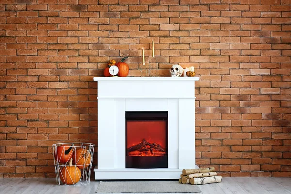 Modern Fireplace Halloween Decor Brick Wall — Stock Photo, Image