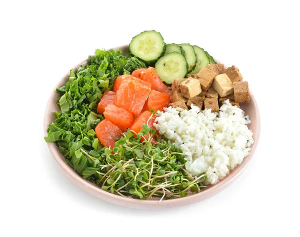 Tasty Poke Bowl Salmon Cucumber Tofu Cheese White Background — Stock Photo, Image