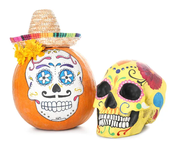 Pumpkin Painted Skull White Background Celebration Mexico Day Dead Dia — Stock Photo, Image