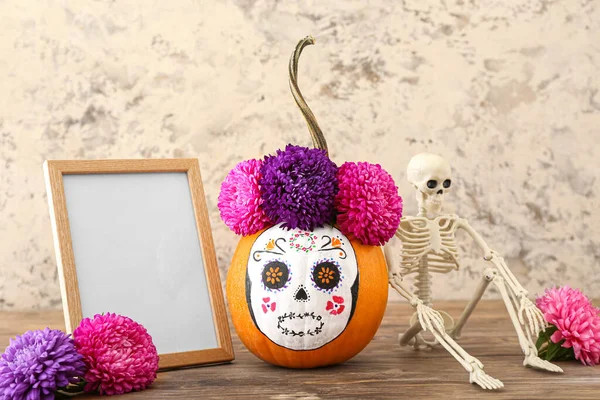 Pumpkin Painted Skull Grunge Background Celebration Mexico Day Dead Dia — Stock Photo, Image