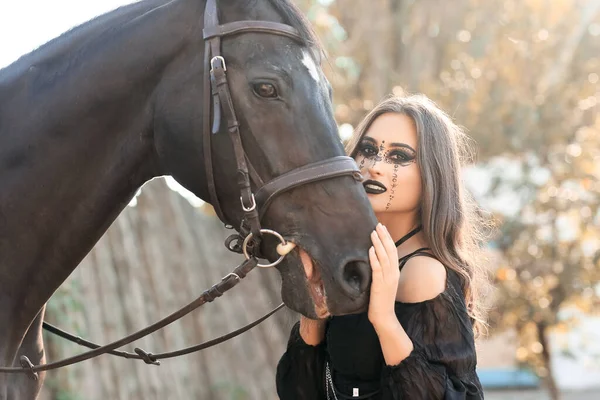 Beautiful Woman Dressed Halloween Horse Outdoors — Stock Photo, Image