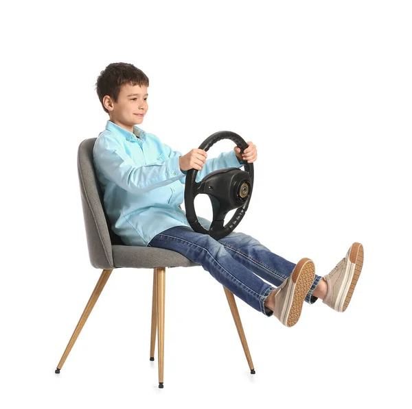 Cute Little Boy Steering Wheel Sitting Chair Isolated White Background — Stock Photo, Image