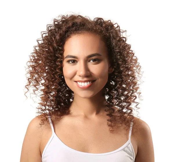 Молодая Афроамериканка Здоровыми Волосами Белом Фоне — стоковое фото