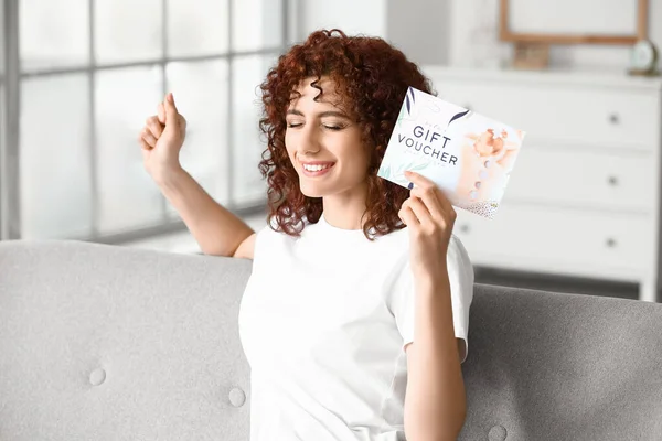 Happy Young Woman Gift Voucher Home — Stock Photo, Image