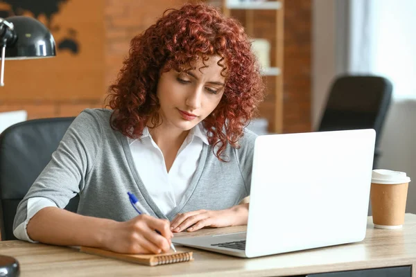 Young Woman Writing Notes Online Job Interview Home — Stock Photo, Image