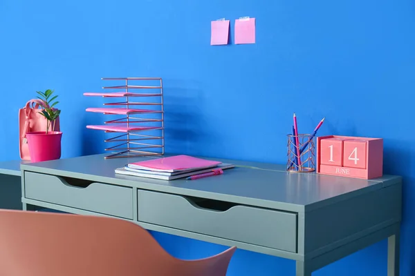 Modern Desk Stationery Blue Wall — Stock Photo, Image