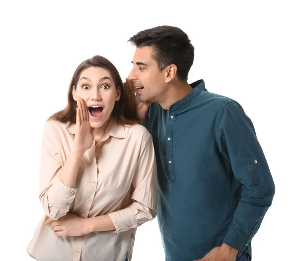 Young Man Sharing Gossip His Girlfriend White Background — Stock Photo, Image