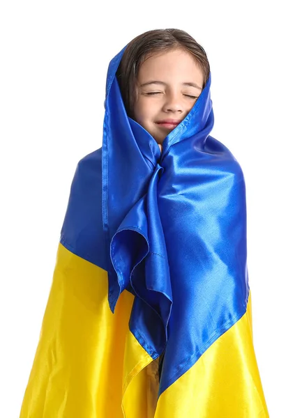 Petite Fille Avec Drapeau Ukrainien Sur Fond Blanc — Photo