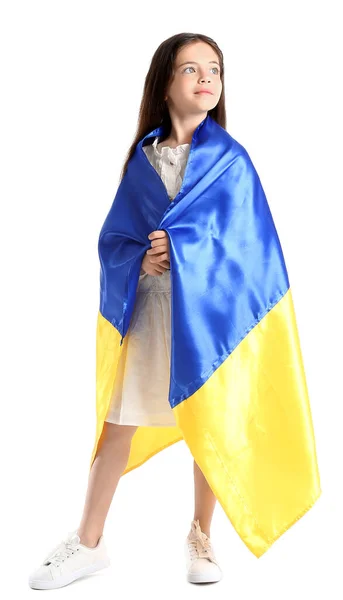 Menina Com Bandeira Ucraniana Fundo Branco — Fotografia de Stock