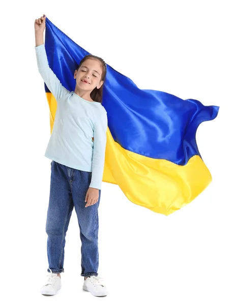 Klein Meisje Met Oekraïense Vlag Witte Achtergrond — Stockfoto