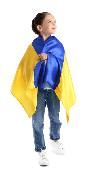 Niña Con Bandera Ucraniana Sobre Fondo Blanco — Foto de Stock