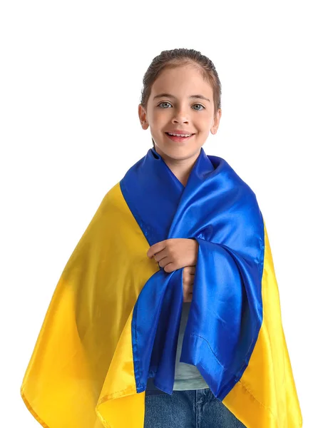 Kleines Mädchen Mit Ukrainischer Flagge Auf Weißem Hintergrund — Stockfoto