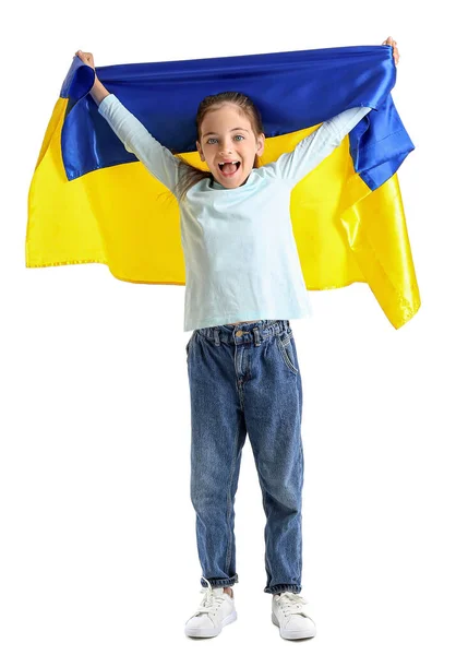 Liten Flicka Med Ukrainska Flagga Vit Bakgrund — Stockfoto
