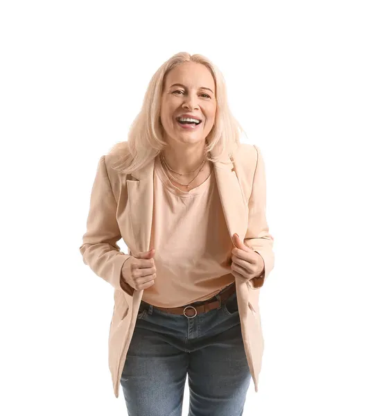 Счастливая Зрелая Женщина Куртке Белом Фоне — стоковое фото