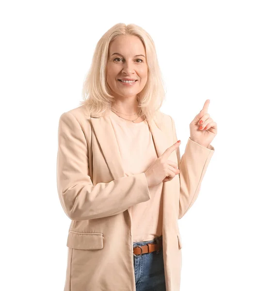 Beautiful Mature Businesswoman Pointing Something White Background — Stock Photo, Image