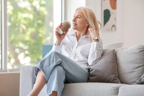Mature Woman Drinking Hot Coffee Home — Stock Photo, Image