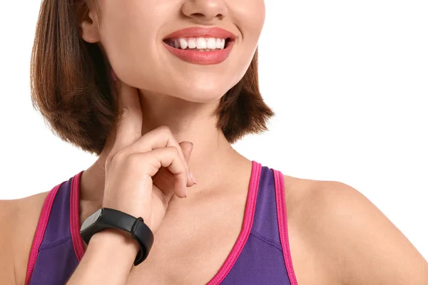 Sporty Female Runner Checking Pulse White Background Closeup — Stock Photo, Image