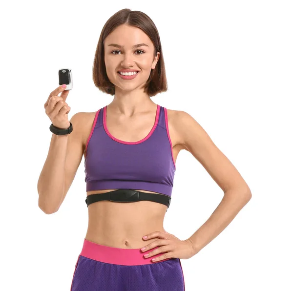 Sporty Young Woman Pulse Oximeter White Background — Stock Photo, Image