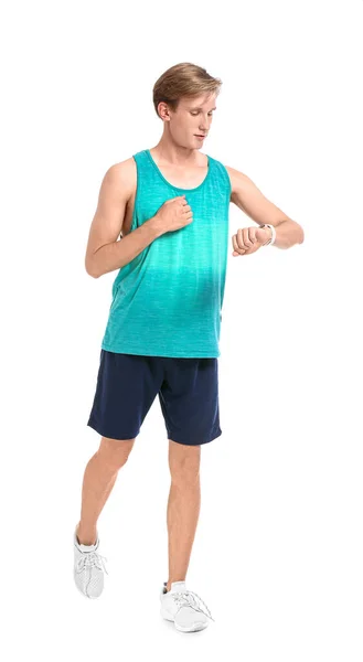 Sporty Male Runner Checking Pulse White Background — Stock Photo, Image