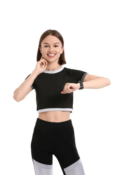 Sporty Young Woman Checking Pulse White Background — Stock Photo, Image