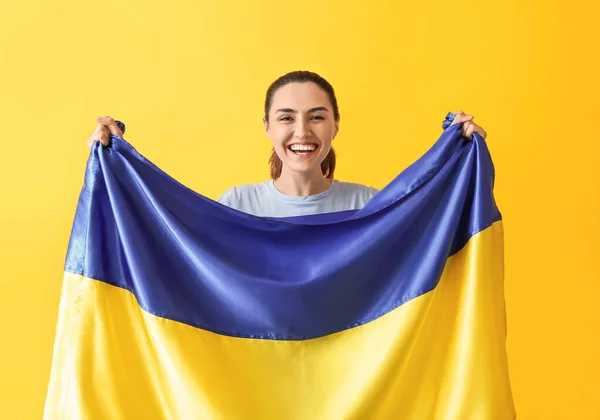 Happy Young Woman Ukrainian Flag Color Background — Stock Photo, Image