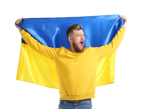 Кричащий Молодой Человек Украинским Флагом Белом Фоне — стоковое фото