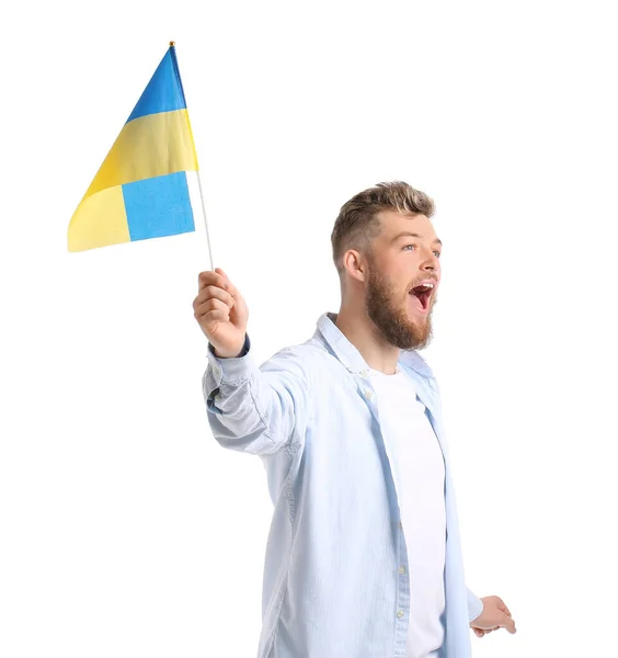 Schreiender Junger Mann Mit Ukrainischer Flagge Auf Weißem Hintergrund — Stockfoto