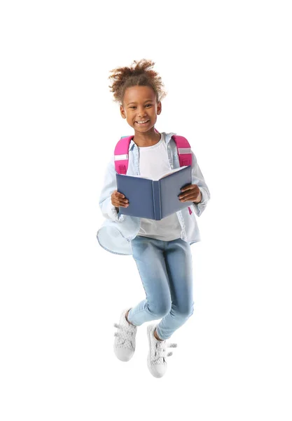 Jumping African American Schoolgirl Book White Background — Stock Photo, Image