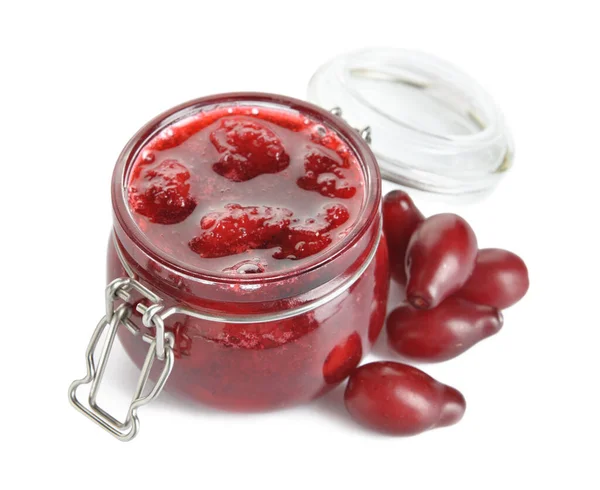 Jar Tasty Dogwood Jam Berries White Background — Stock Photo, Image