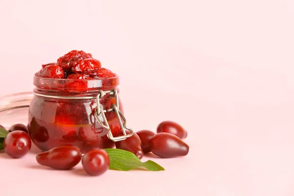 Jar Delicious Dogwood Jam Berries Pink Background — Stock Photo, Image