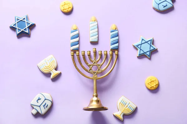 Tasty Cookies Hanukkah Celebration Menorah Color Background — Stock Photo, Image