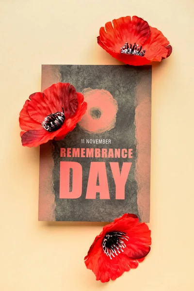 Remembrance Day Canada Red Poppy Flowers Card Beige Background — Stock Photo, Image