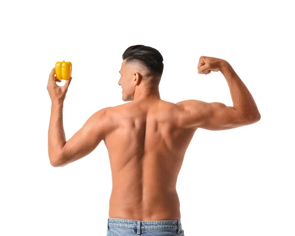 Young Man Bell Pepper White Background Vegan Day — Stock Photo, Image