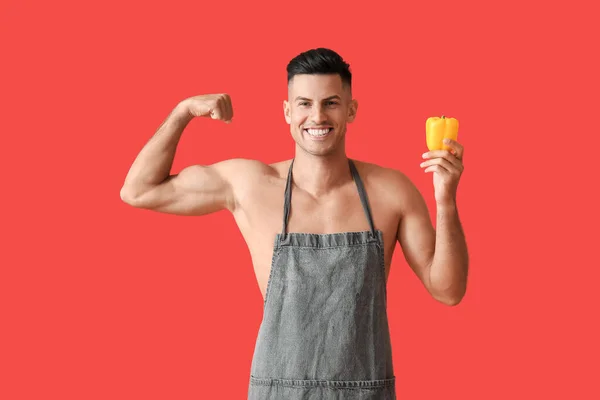 Young Man Bell Pepper Color Background Vegan Day — Stock Photo, Image