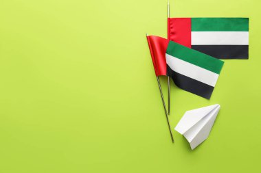 Birleşik Arap Emirlikleri bayrakları ve yeşil arka planda kağıt uçak