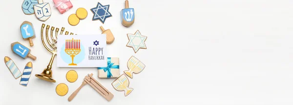 Diferentes Símbolos Hanukkah Tarjeta Felicitación Sobre Fondo Blanco Con Espacio —  Fotos de Stock