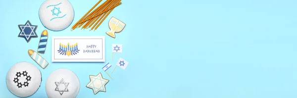 Diferentes Símbolos Hanukkah Tarjeta Felicitación Fondo Color Con Espacio Para —  Fotos de Stock