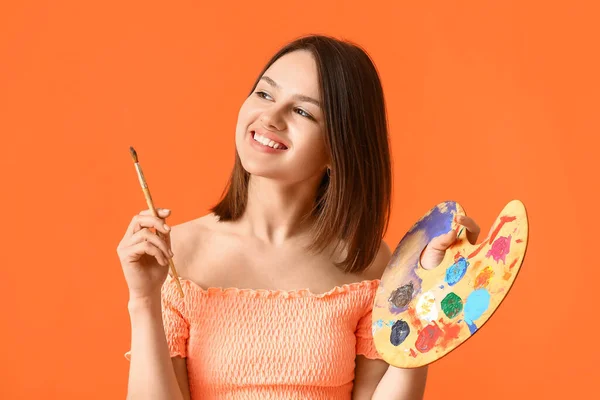 Young Female Artist Palette Color Background — Stock Photo, Image