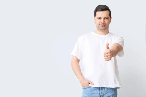Handsome Man Stylish Shirt Showing Thumb Light Background — Stock Photo, Image