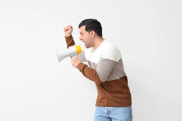 Protesting Young Man Megaphone Light Background — Stock Photo, Image