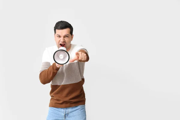 Protesting Young Man Megaphone Light Background — Stock Photo, Image