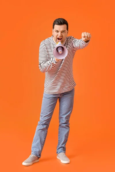 Protesting Young Man Megaphone Color Background — Stock Photo, Image