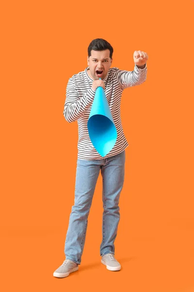 Protesting Young Man Paper Megaphone Color Background — Stock Photo, Image